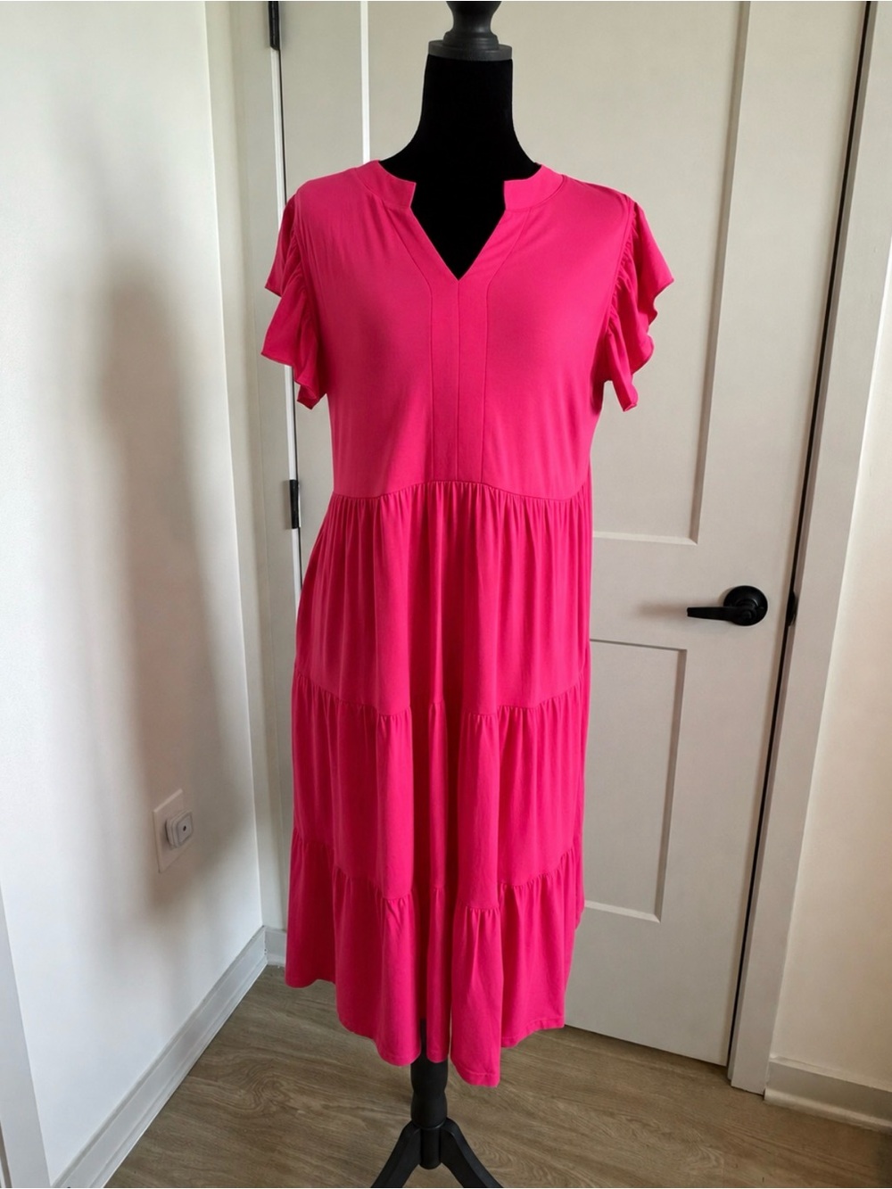 Tiered V-Neck Midi Dress in Bright Pink